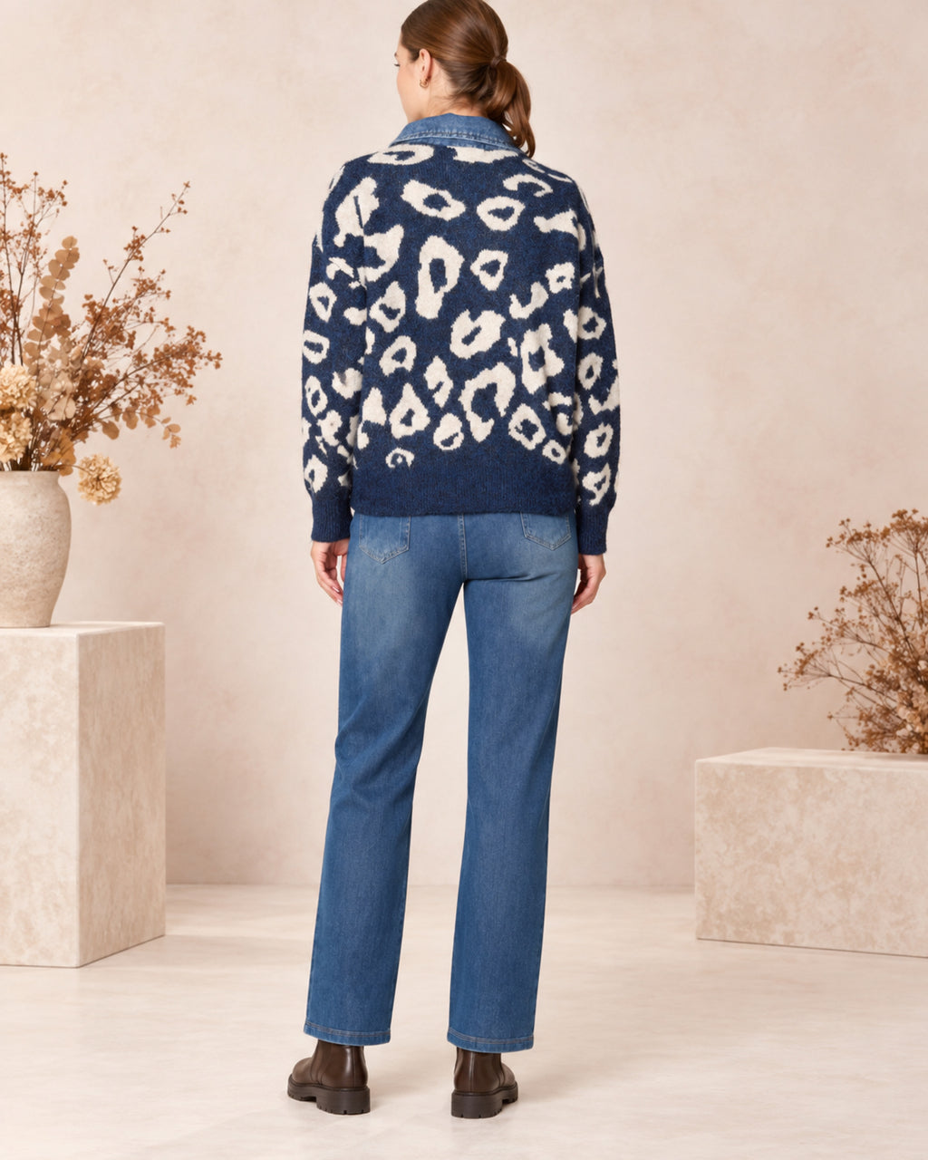 Animal Print Knit Jumper with Denim Collar
