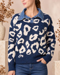 Animal Print Knit Jumper with Denim Collar
