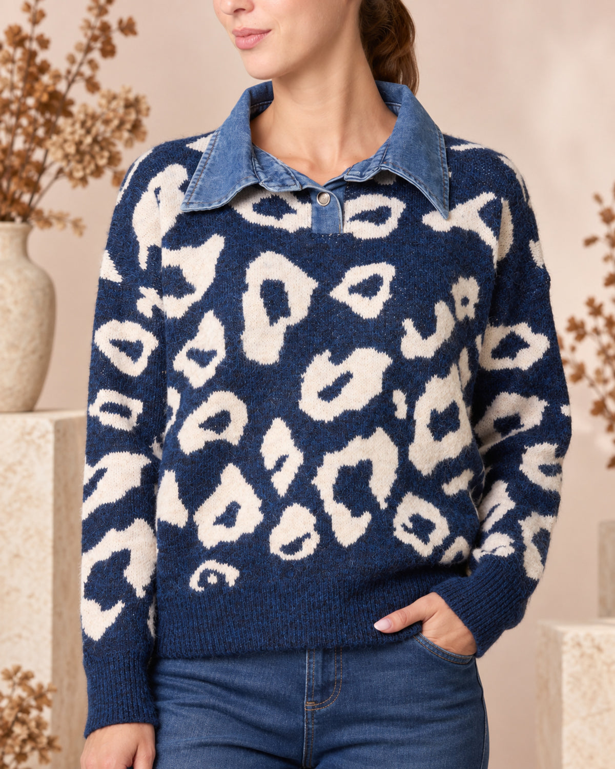 Animal Print Knit Jumper with Denim Collar