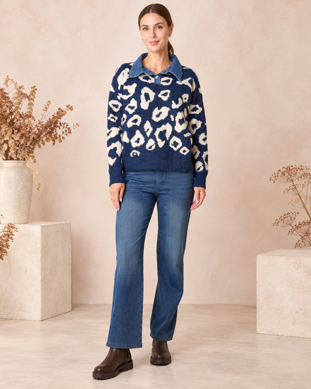 Animal Print Knit Jumper with Denim Collar