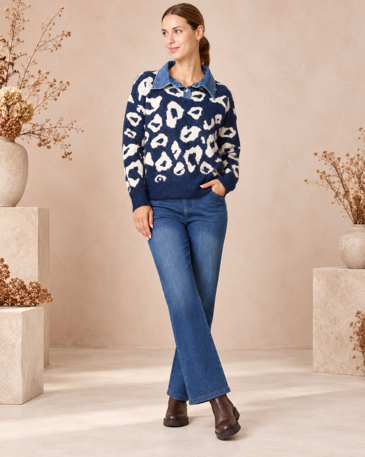 Animal Print Knit Jumper with Denim Collar