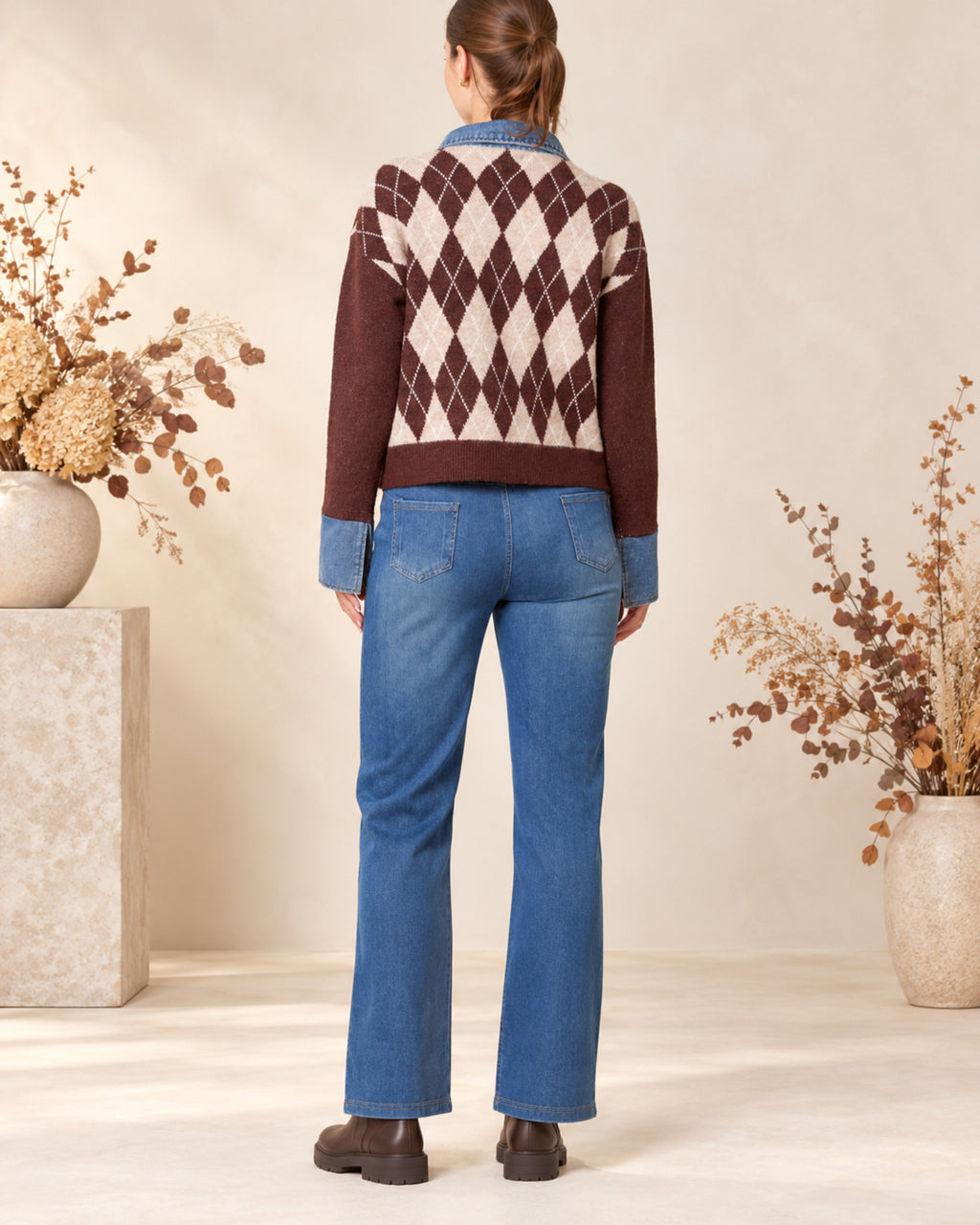 Argyle Knit Jumper with Denim Trim