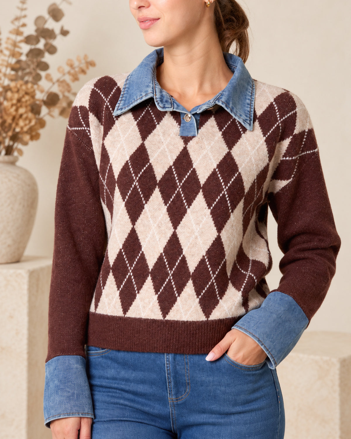 Argyle Knit Jumper with Denim Trim
