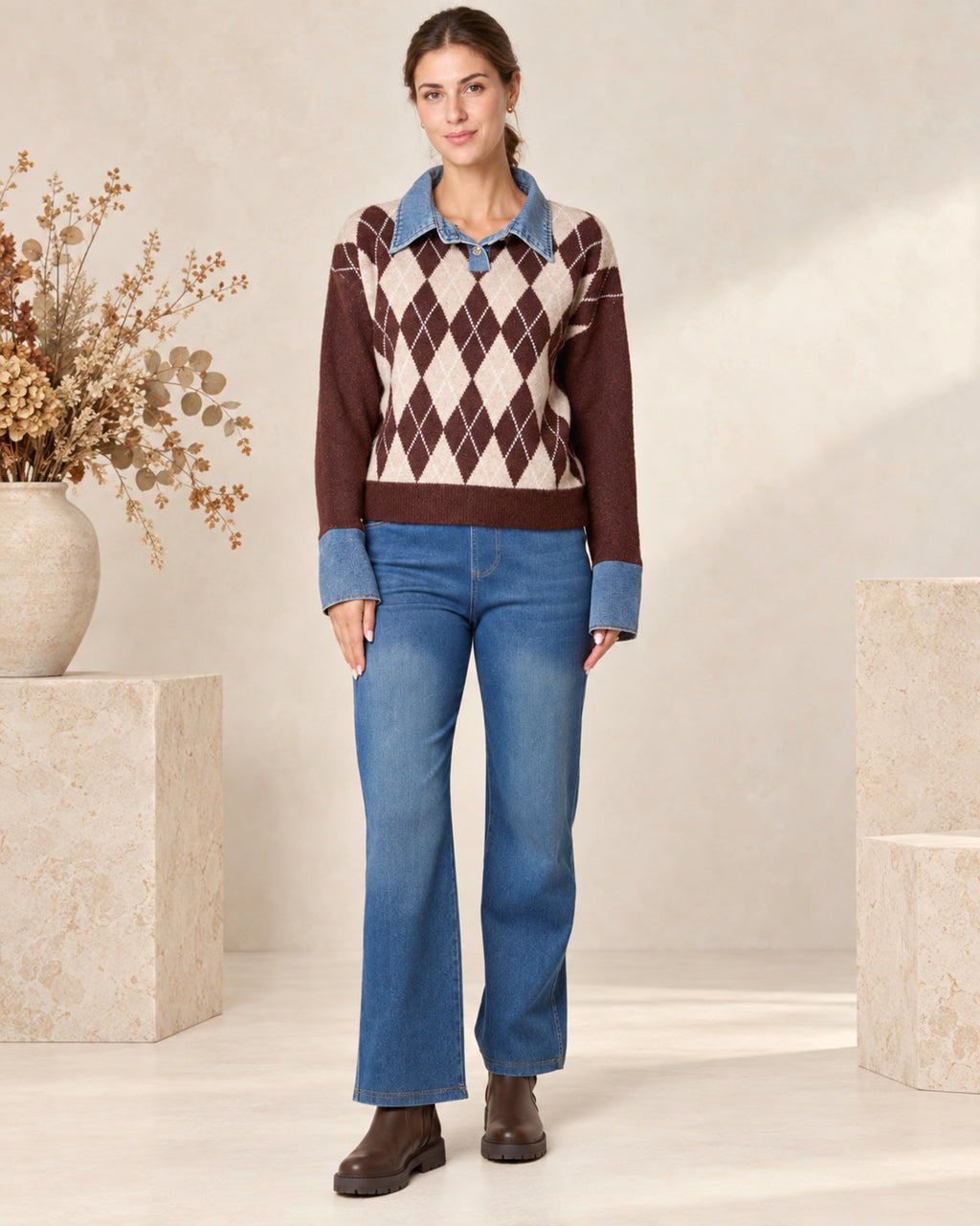 Argyle Knit Jumper with Denim Trim