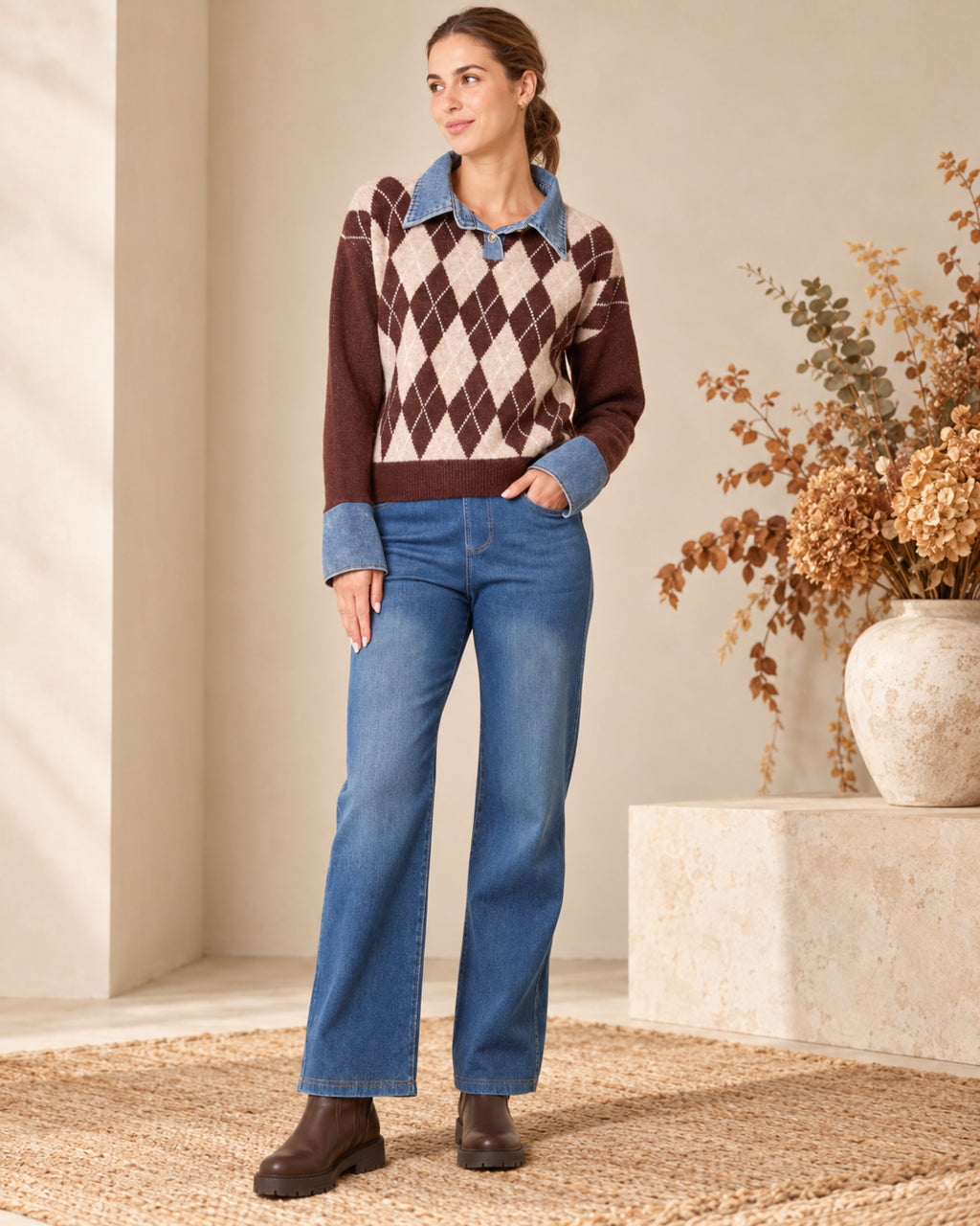 Argyle Knit Jumper with Denim Trim