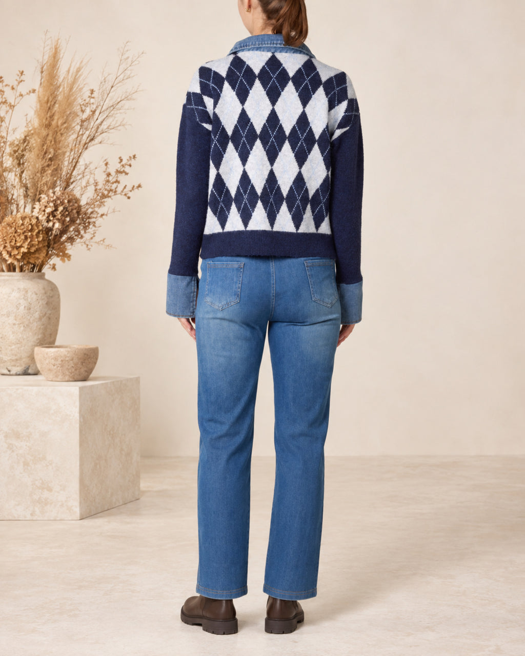 Argyle Knit Jumper with Denim Trim
