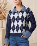 Argyle Knit Jumper with Denim Trim