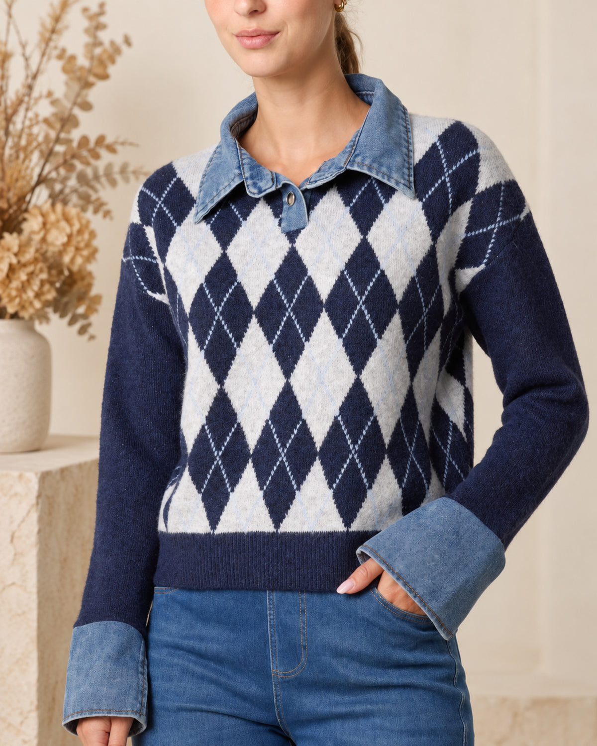 Argyle Knit Jumper with Denim Trim