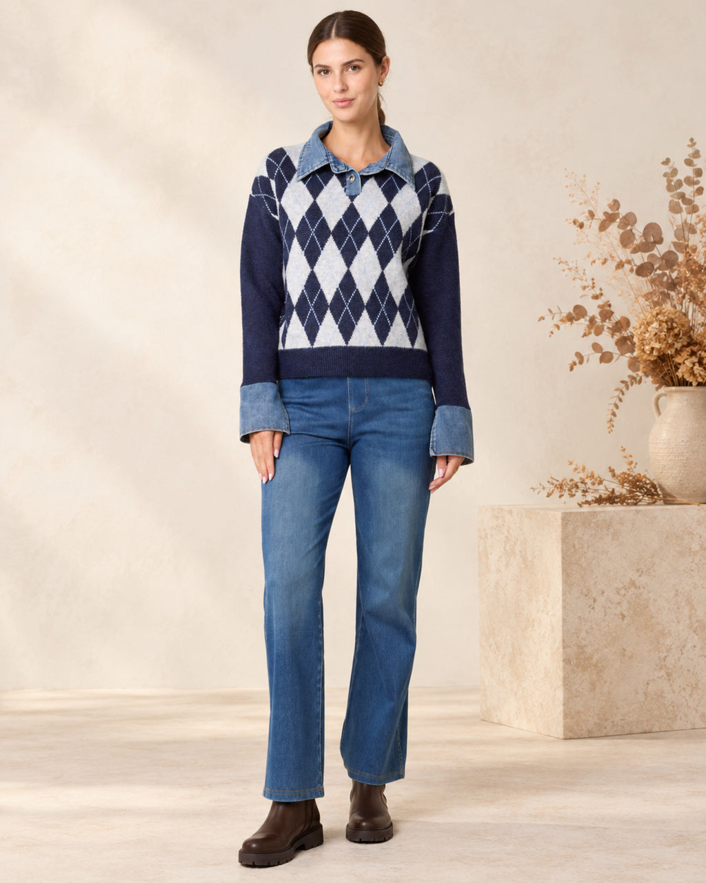 Argyle Knit Jumper with Denim Trim