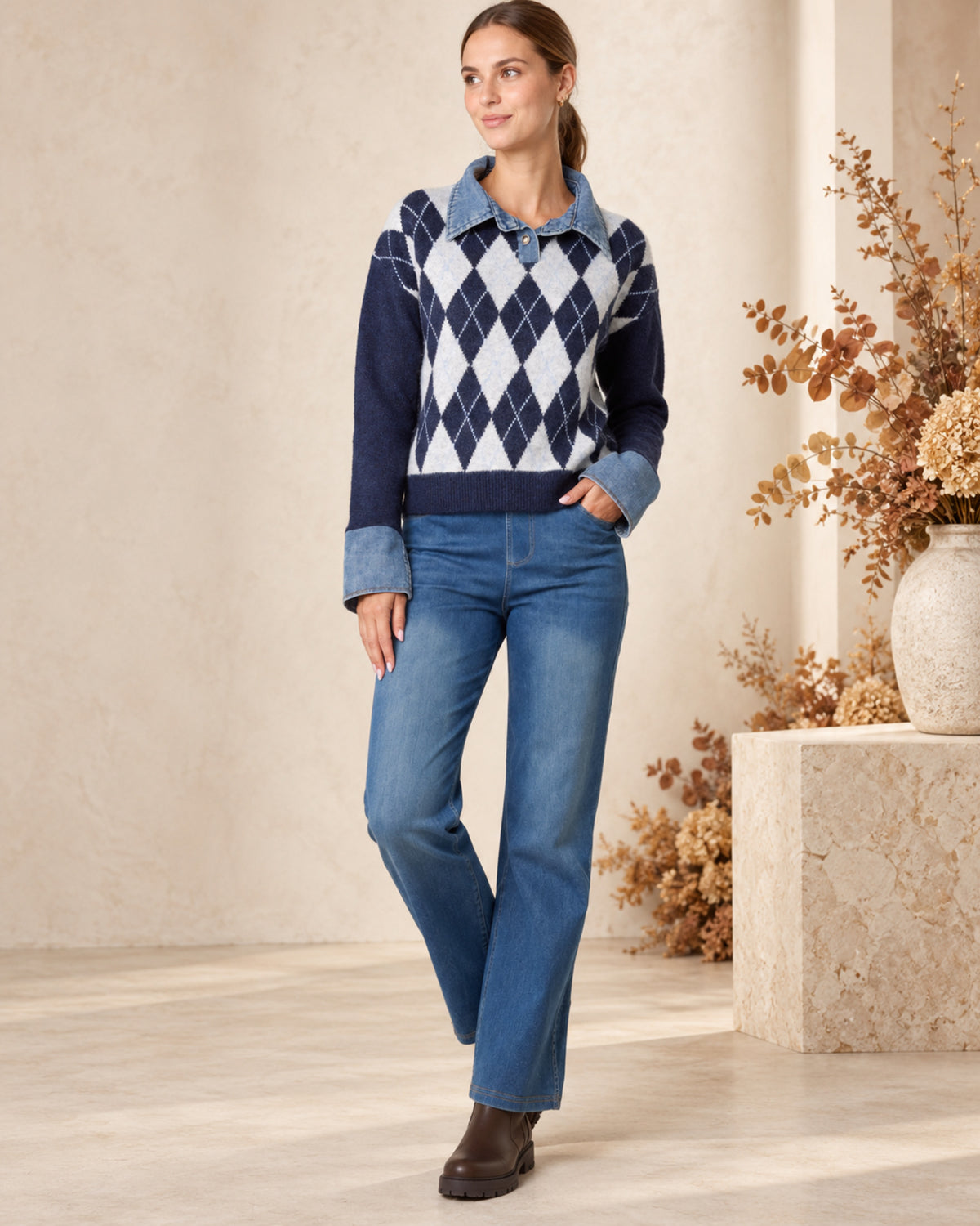 Argyle Knit Jumper with Denim Trim