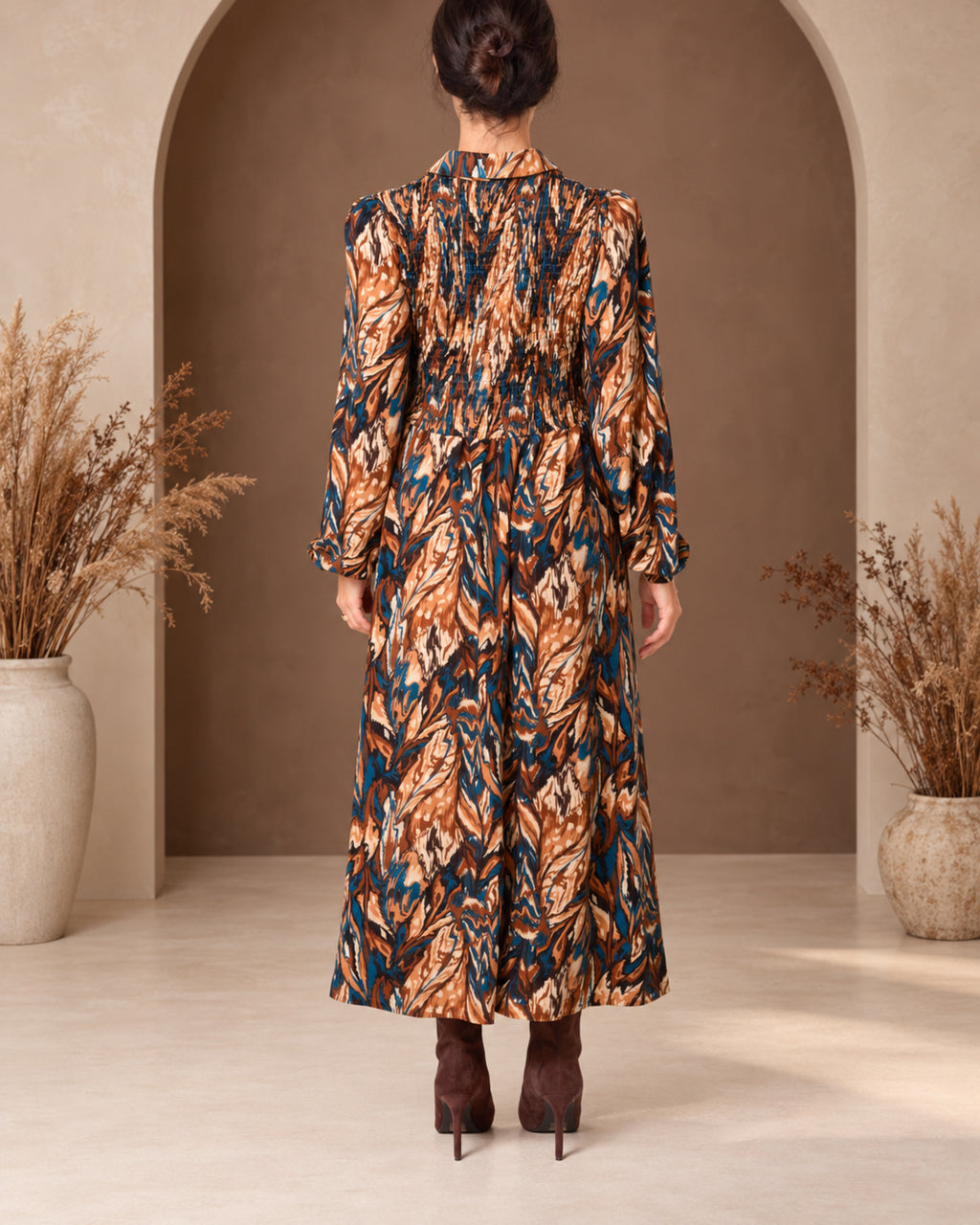 Abstract Print Shirred Bust Midi Dress