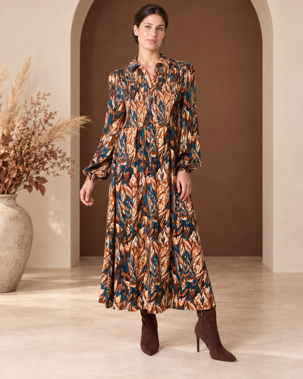 Abstract Print Shirred Bust Midi Dress