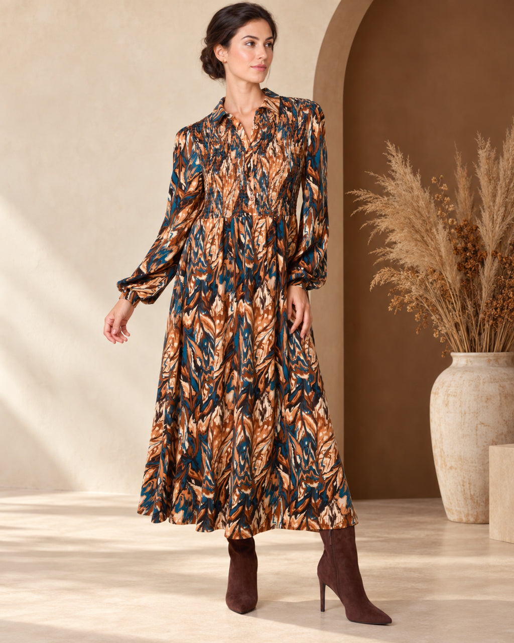Abstract Print Shirred Bust Midi Dress