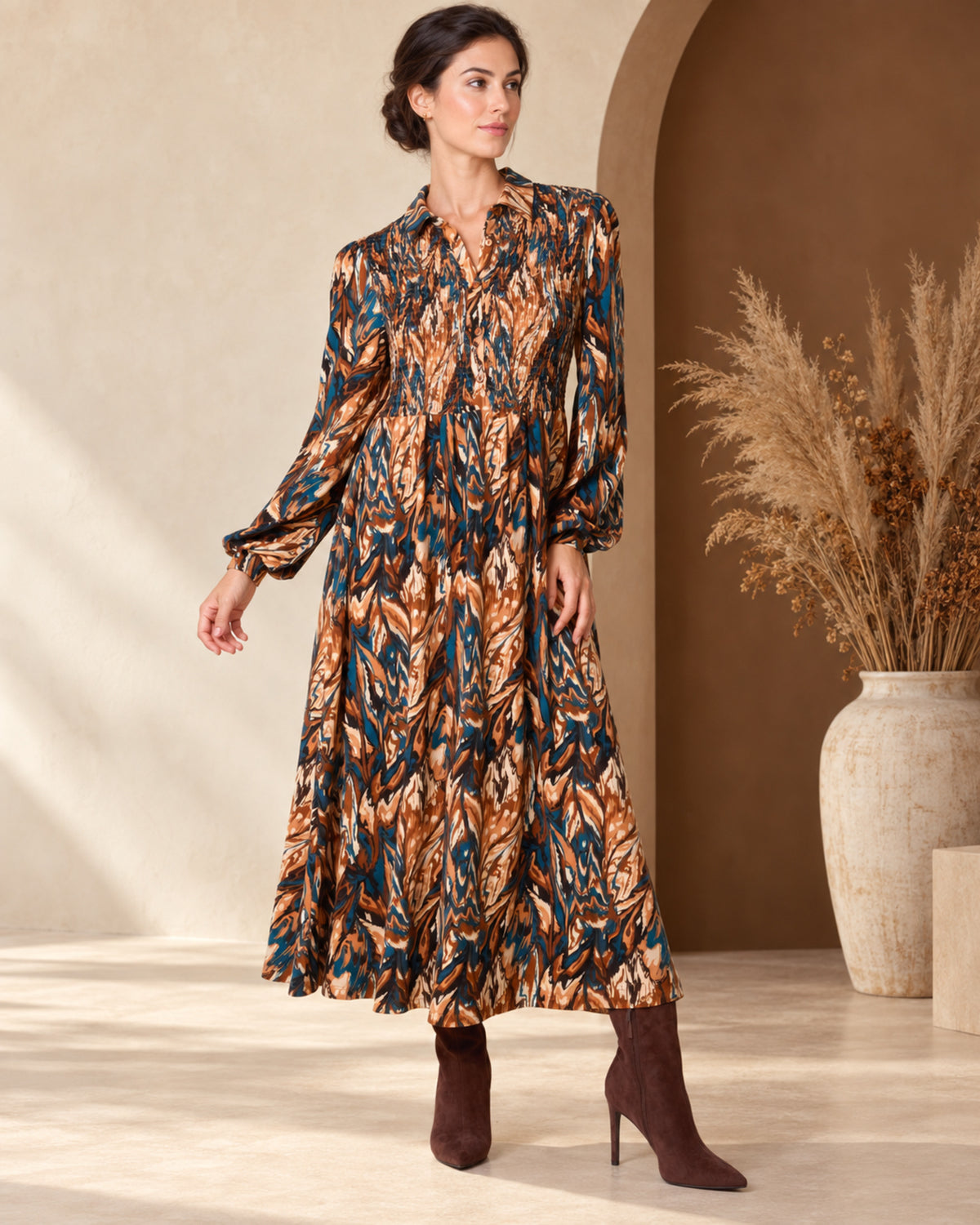 Abstract Print Shirred Bust Midi Dress