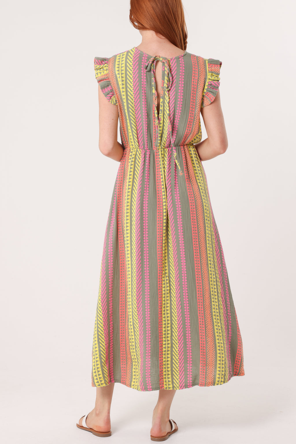 Aztec Print Frill Sleeve Cotton Maxi Dress – Lightweight Summer Boho Dress for Women
