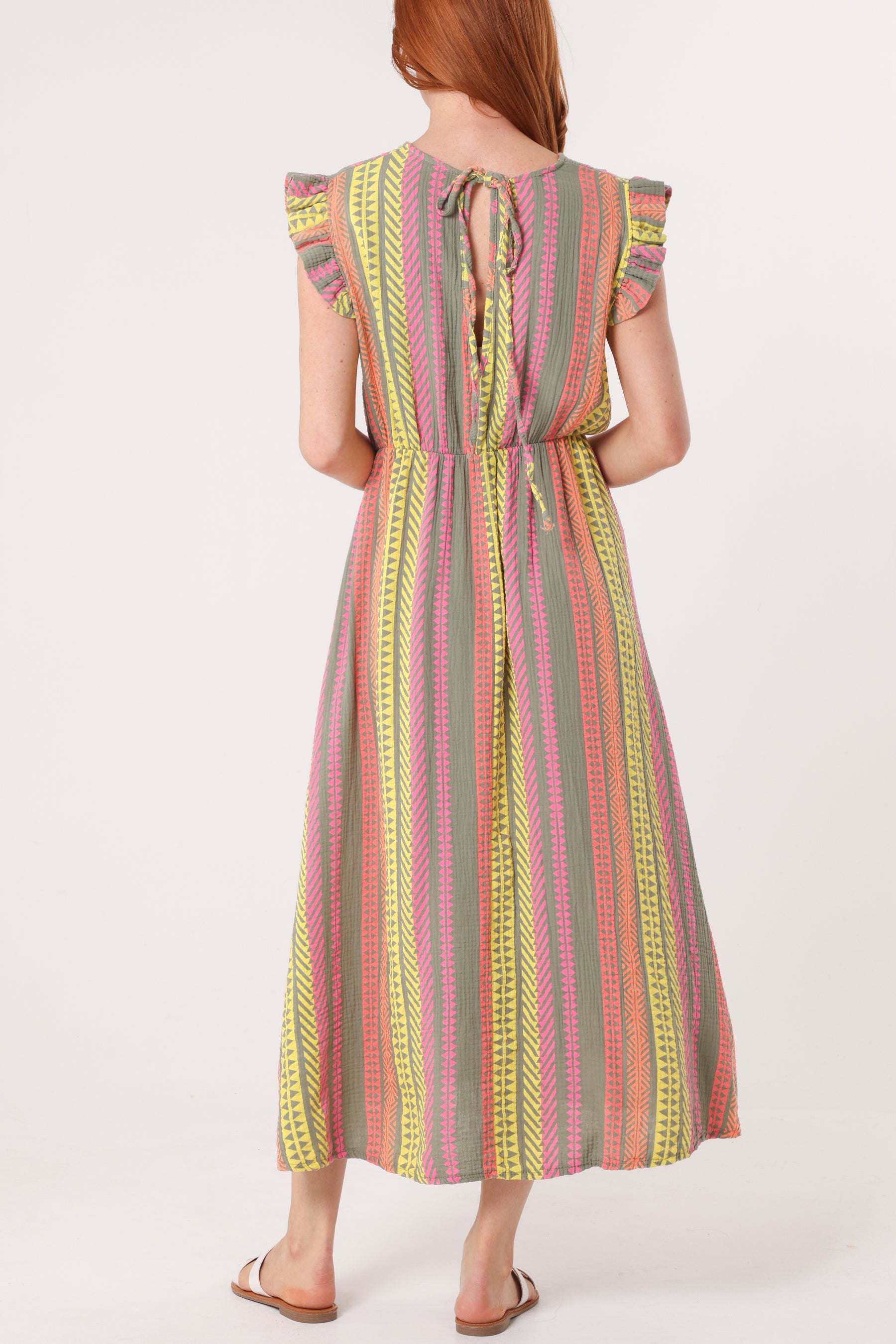 Aztec Print Frill Sleeve Cotton Maxi Dress – Lightweight Summer Boho Dress for Women