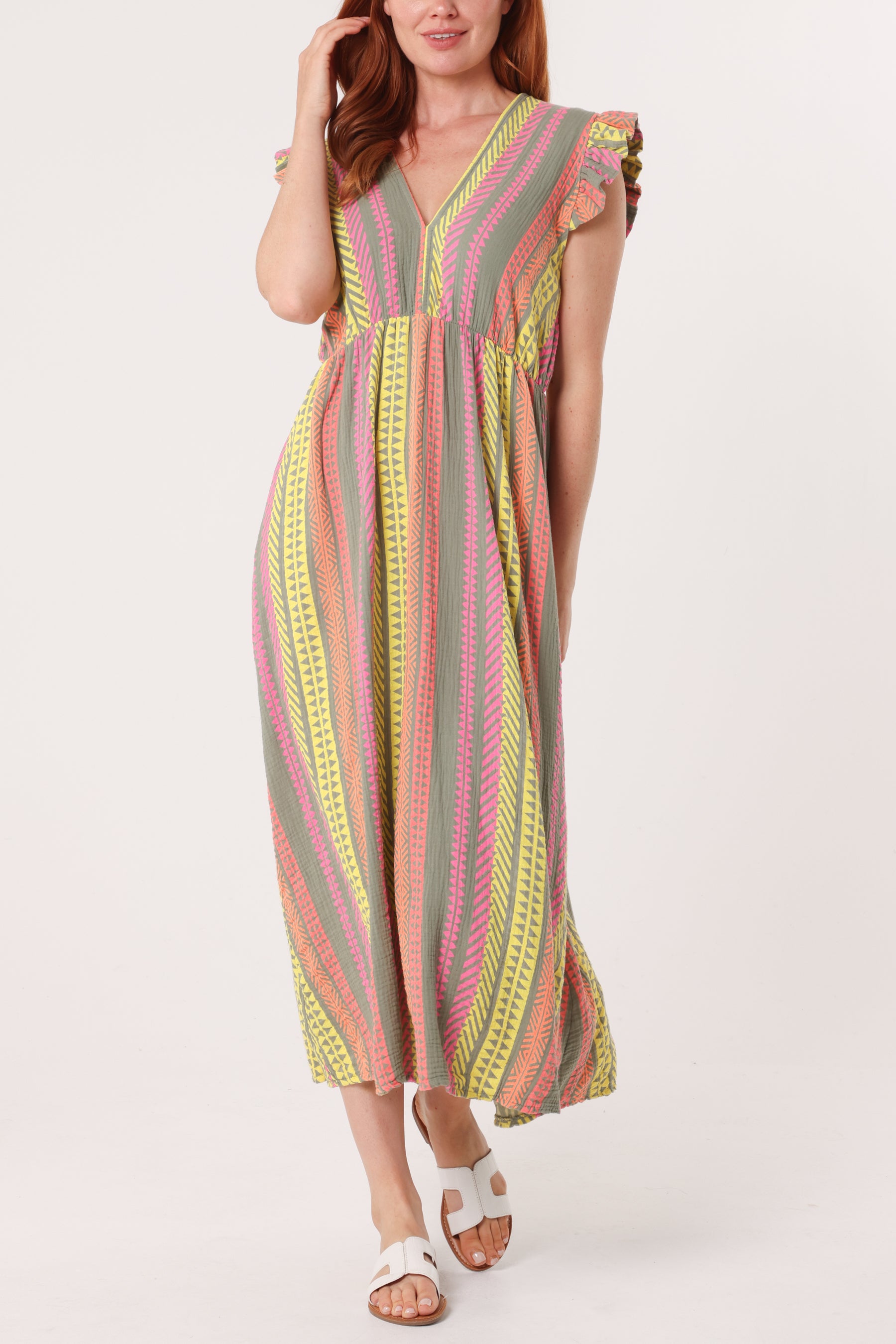 Aztec Print Frill Sleeve Cotton Maxi Dress – Lightweight Summer Boho Dress for Women