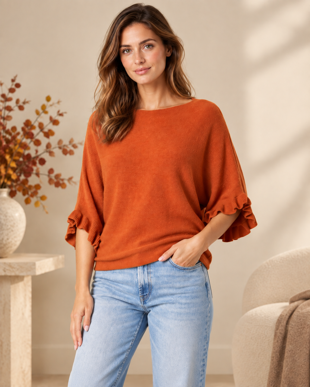 Ruffle Sleeve Batwing Knit Jumper