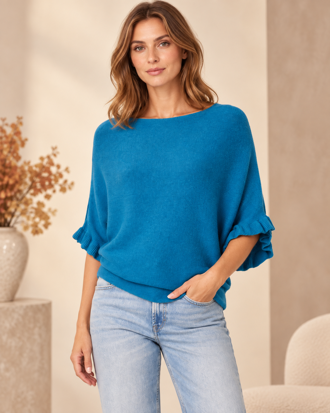 Ruffle Sleeve Batwing Knit Jumper