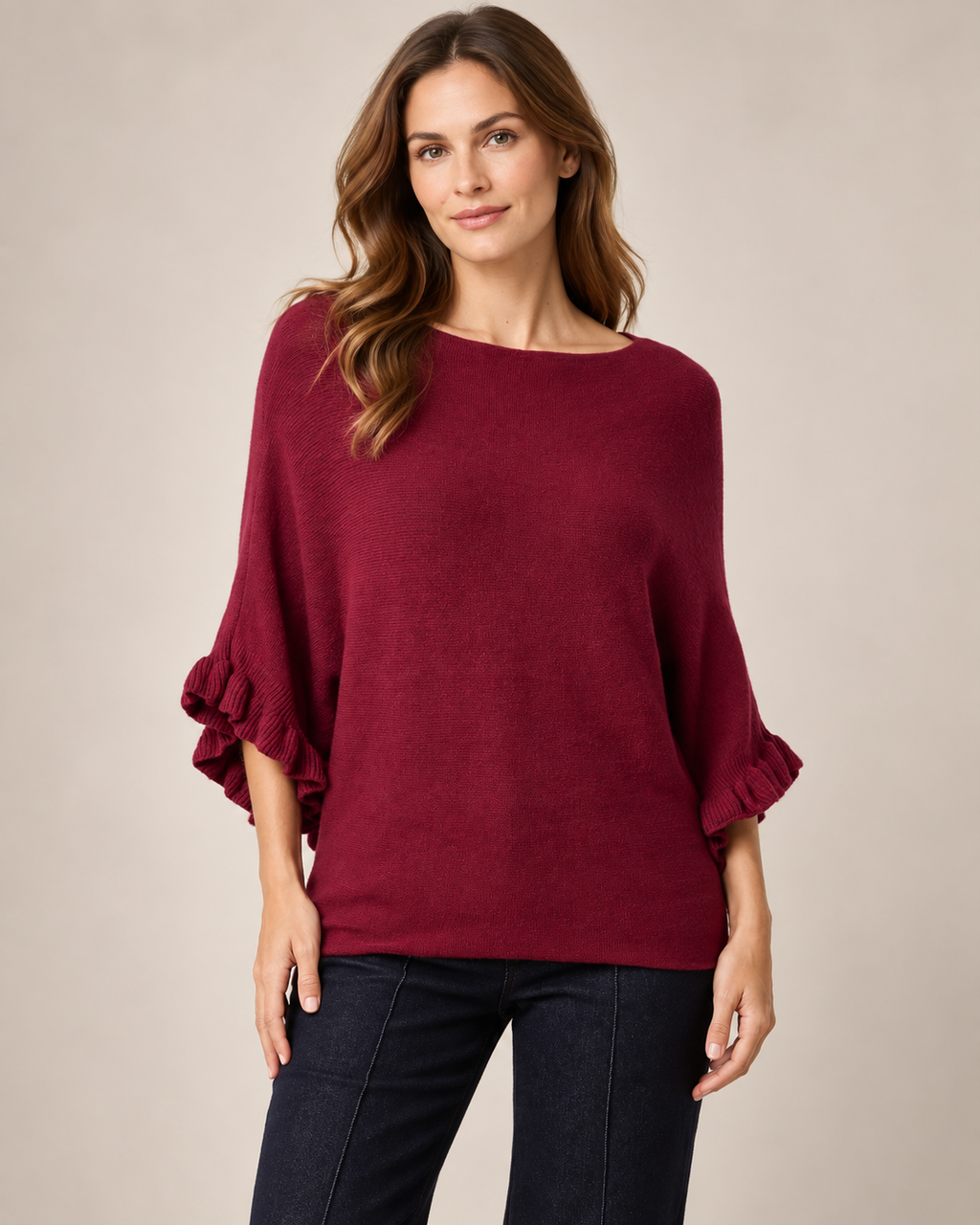 Ruffle Sleeve Batwing Knit Jumper
