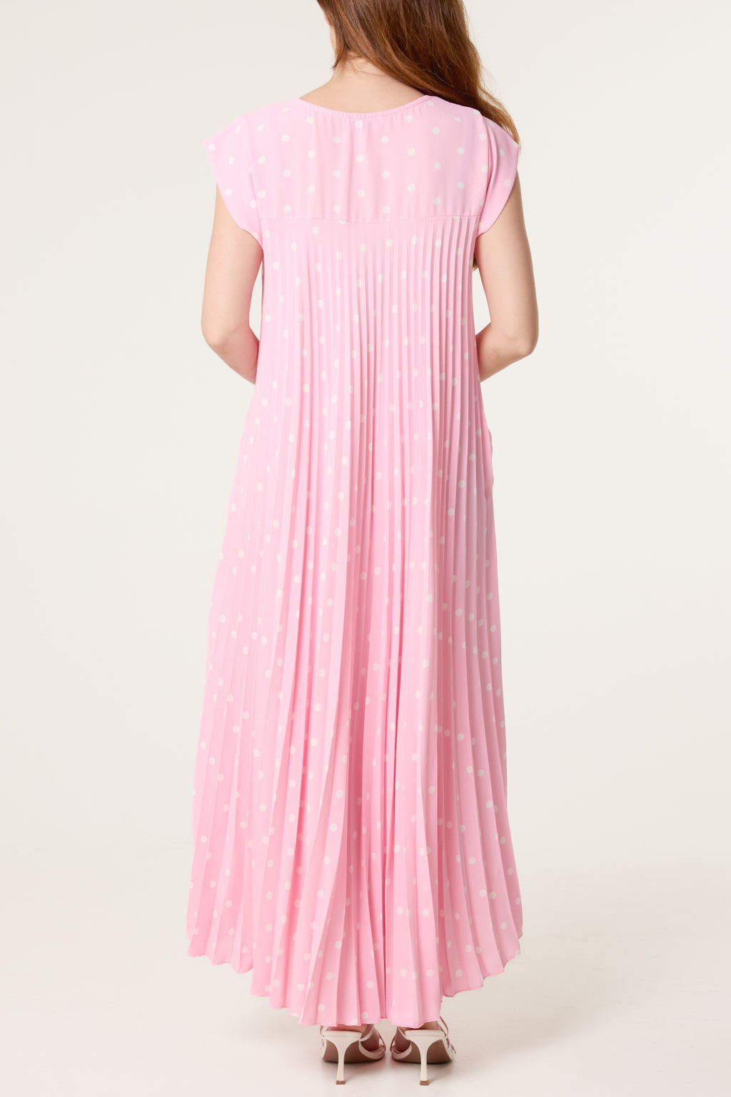 Polka Dot Cap Sleeve Pleated Flowy Maxi Dress