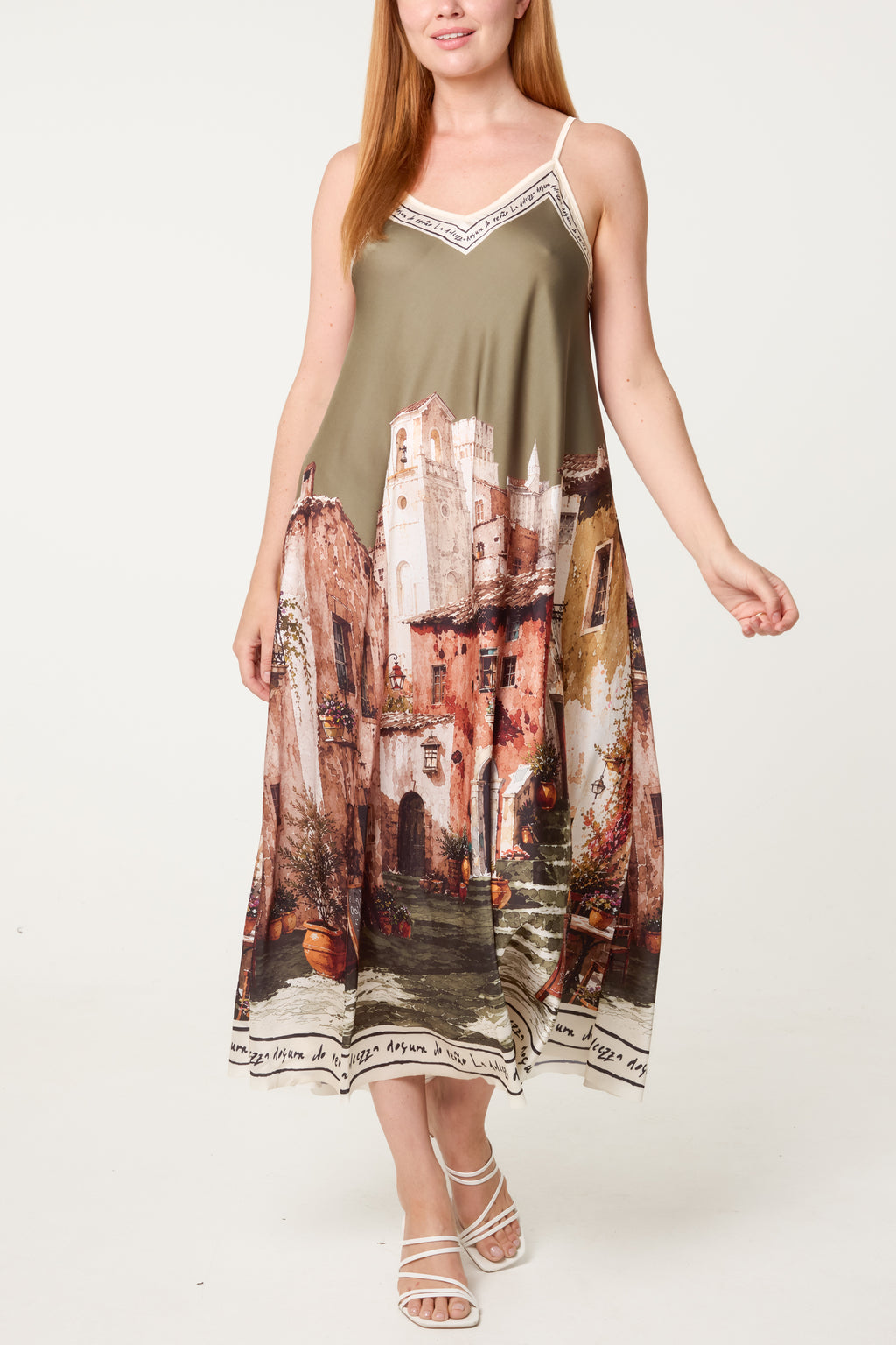 Italian Village Print Satin Midi Dress