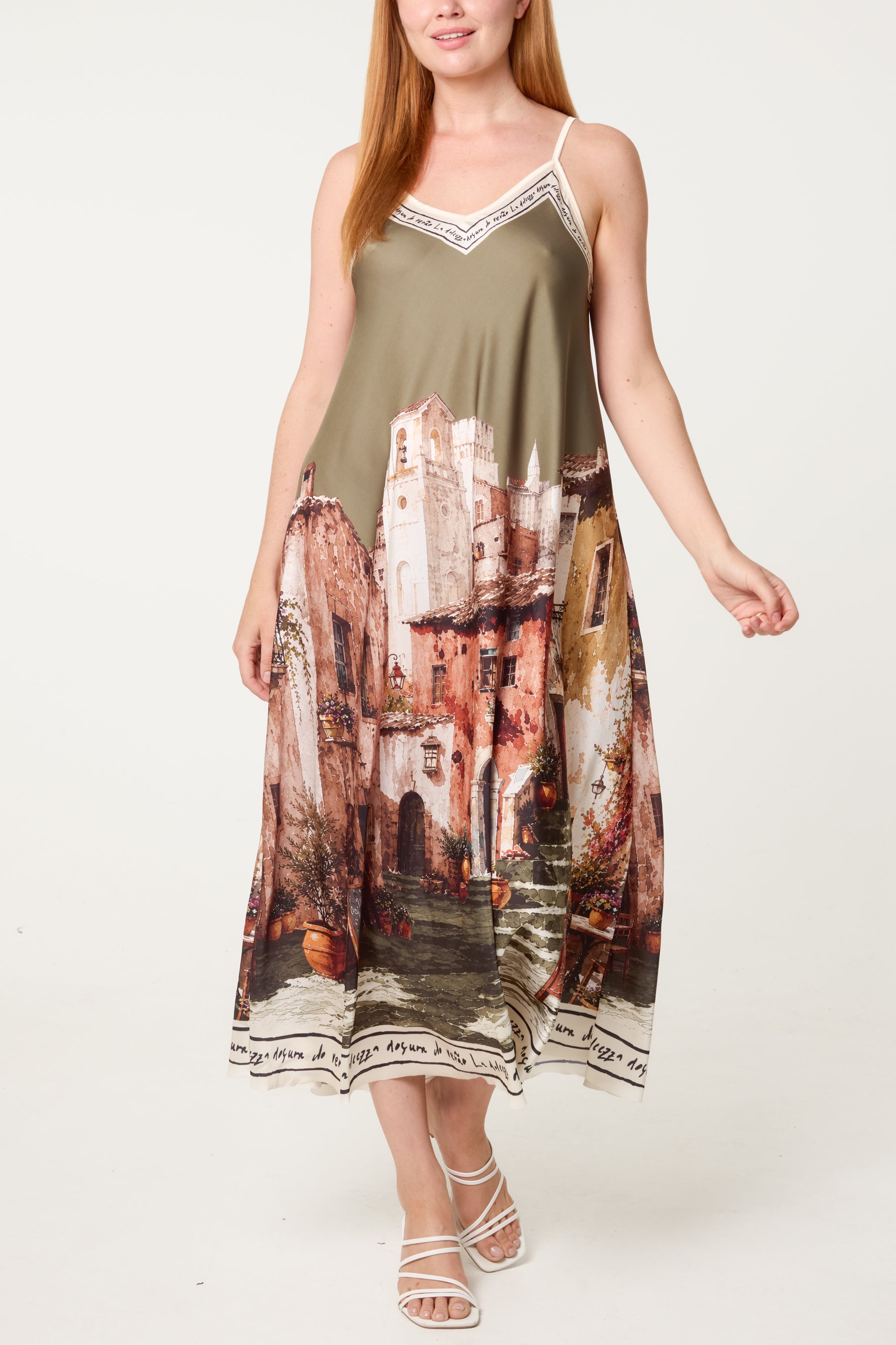 Italian Village Print Satin Midi Dress