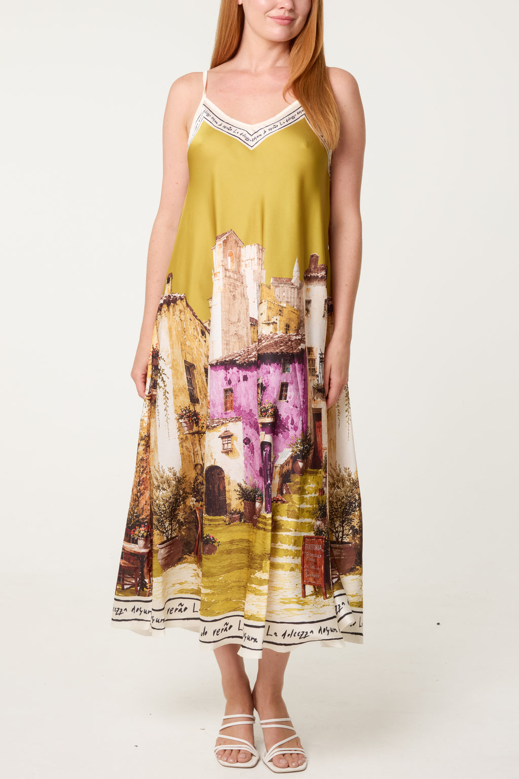 Italian Village Print Satin Midi Dress