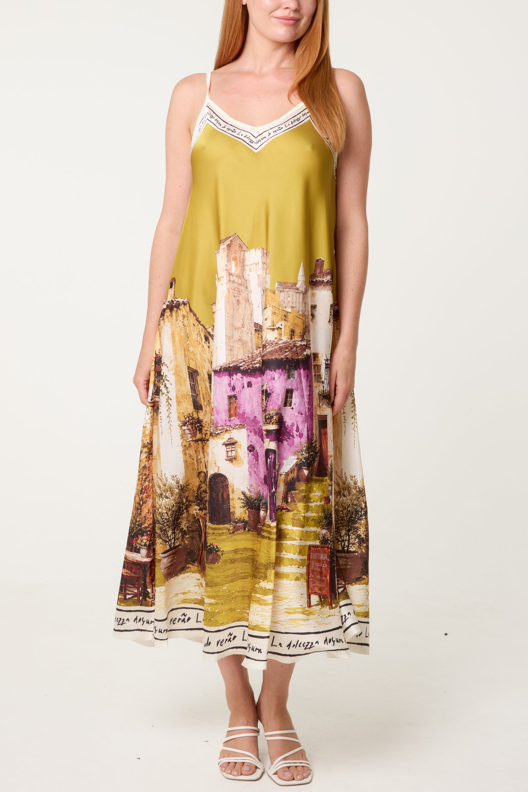 Italian Village Print Satin Midi Dress