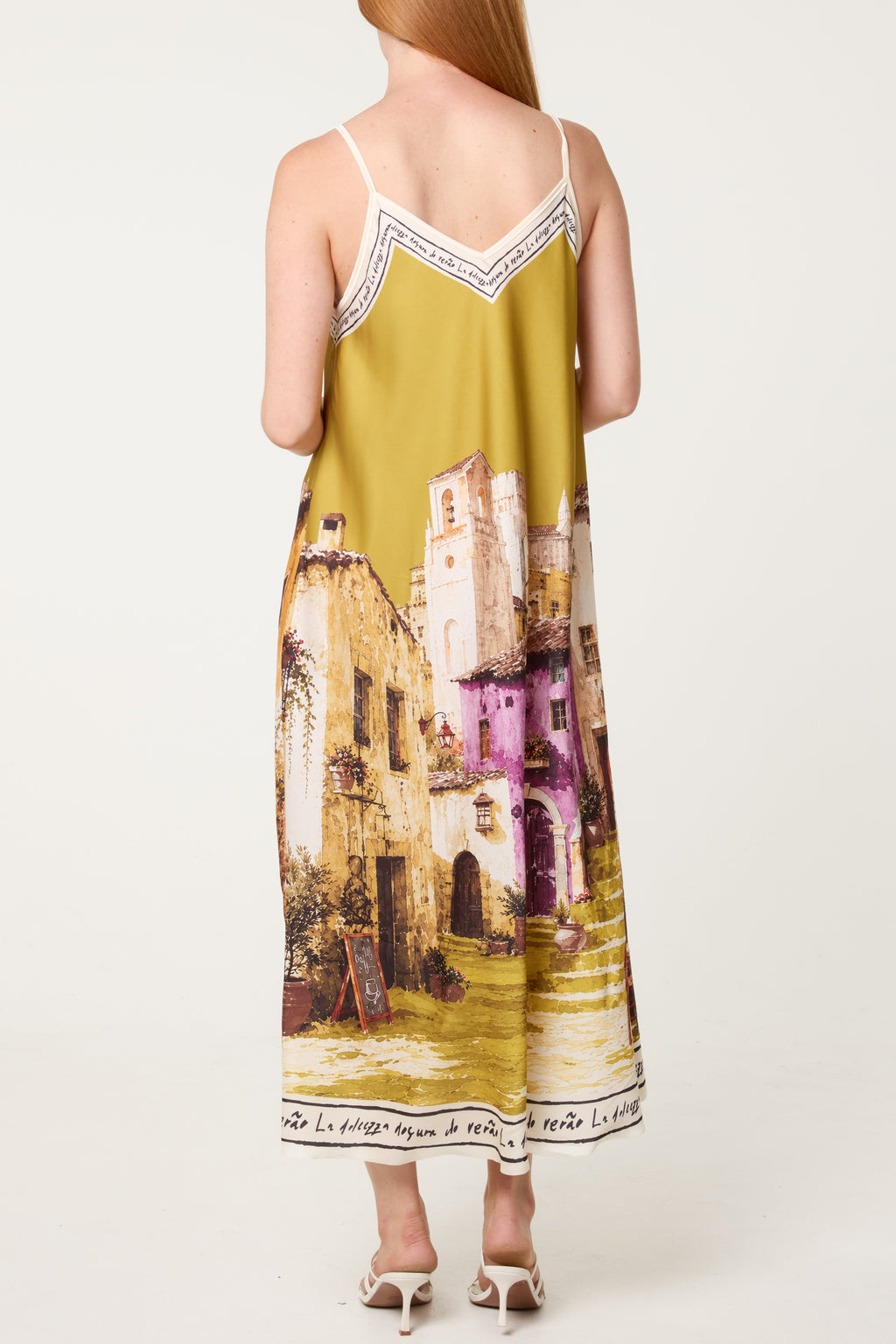 Italian Village Print Satin Midi Dress