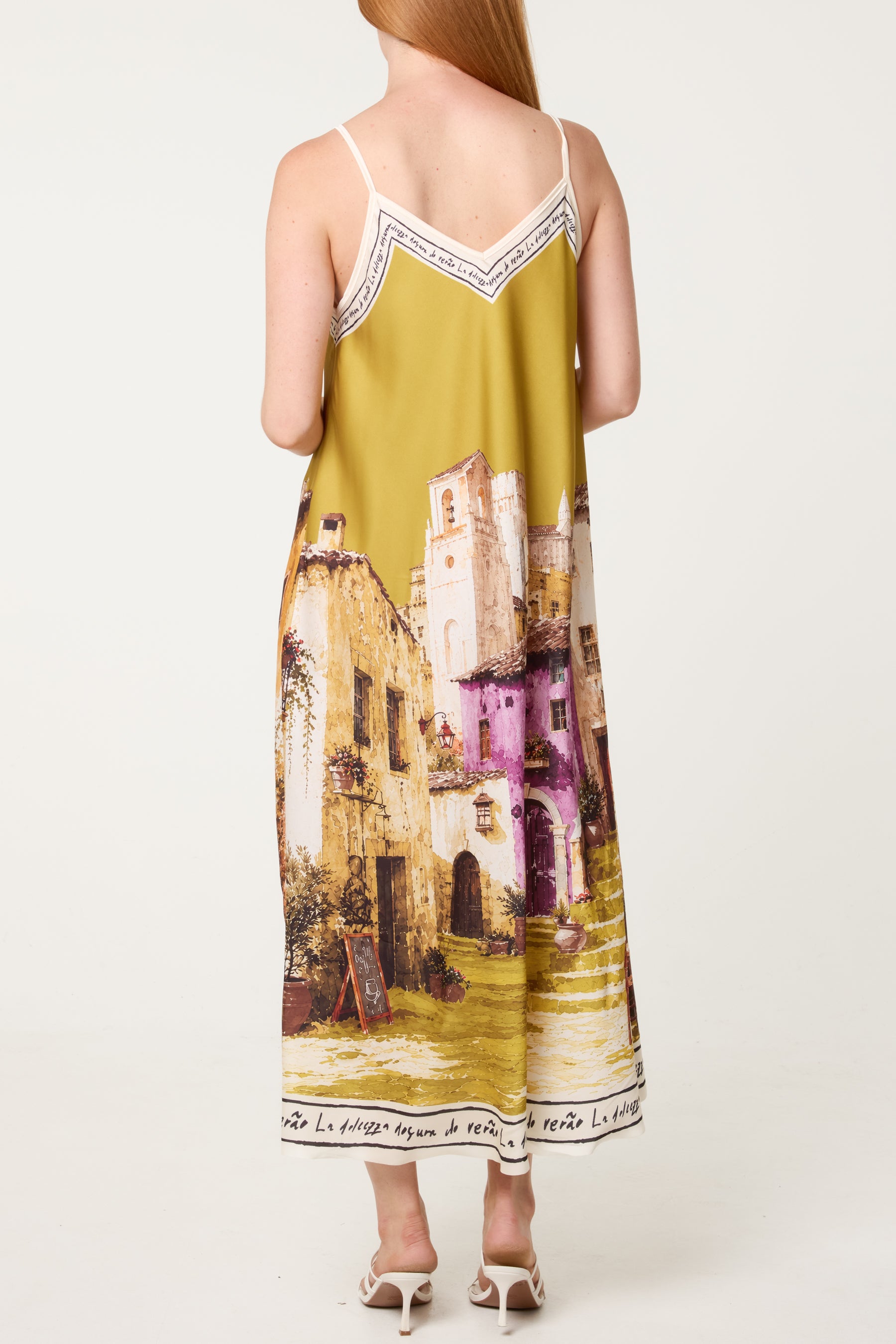 Italian Village Print Satin Midi Dress