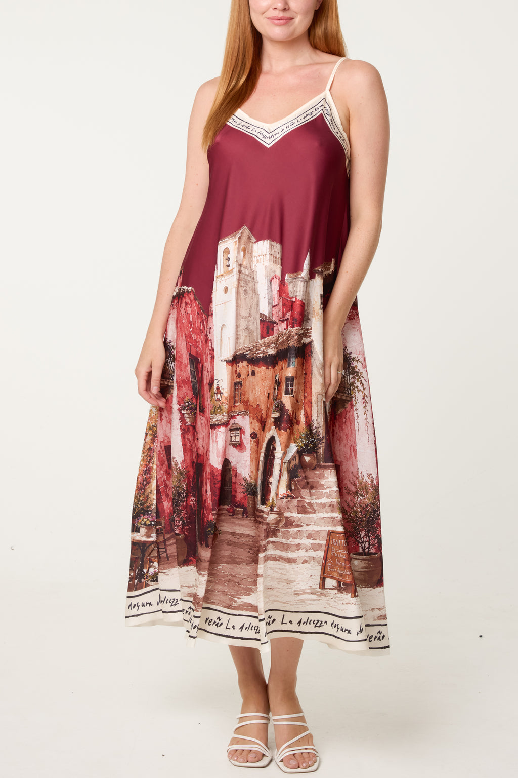 Italian Village Print Satin Midi Dress