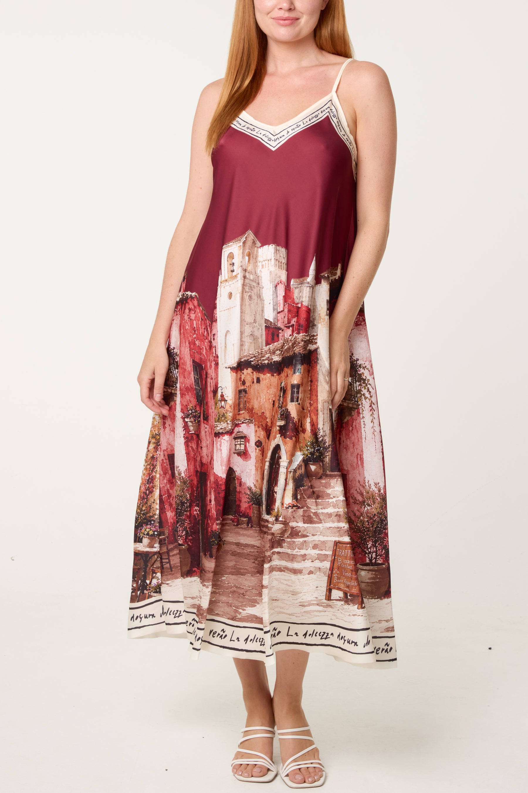 Italian Village Print Satin Midi Dress