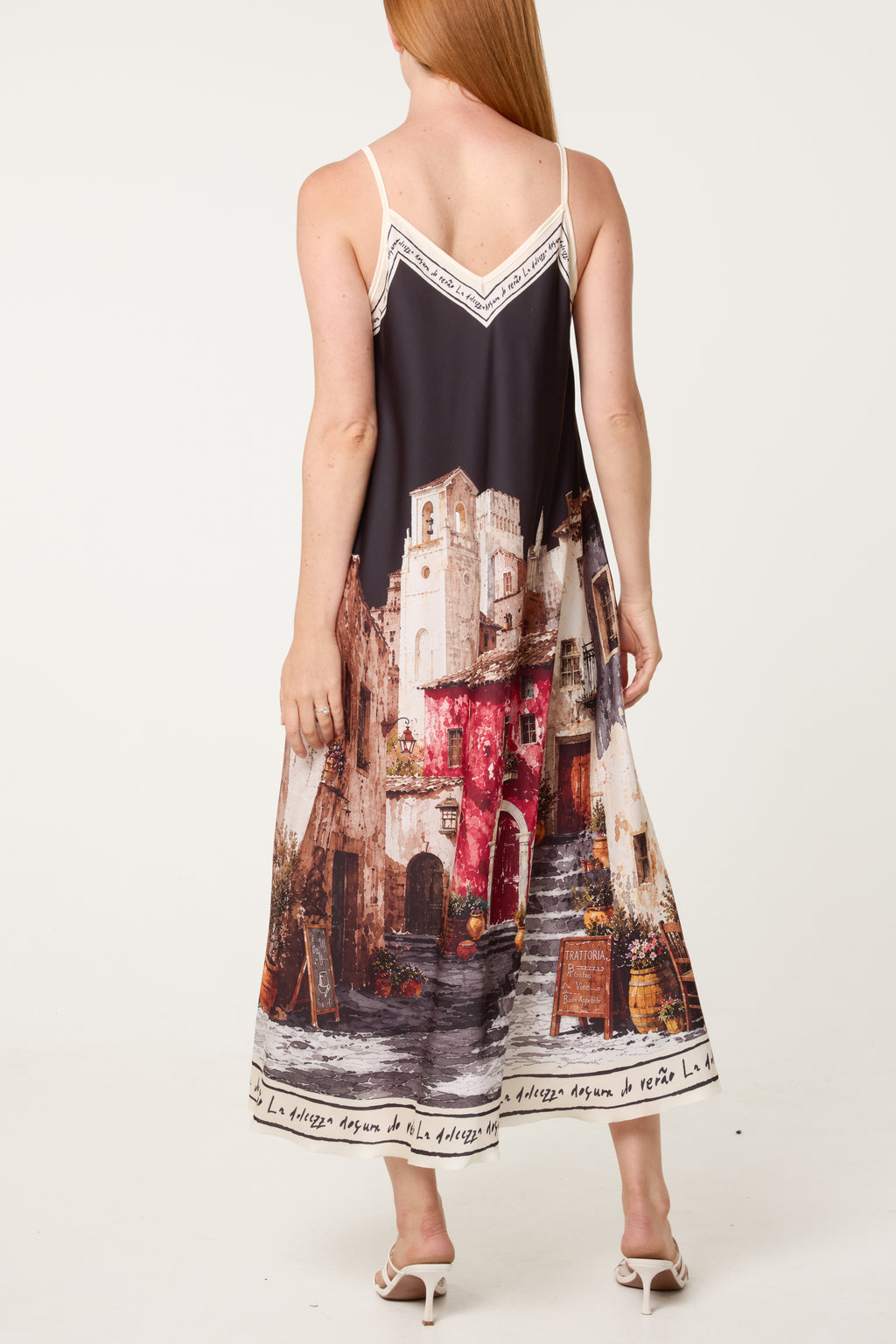 Italian Village Print Satin Midi Dress