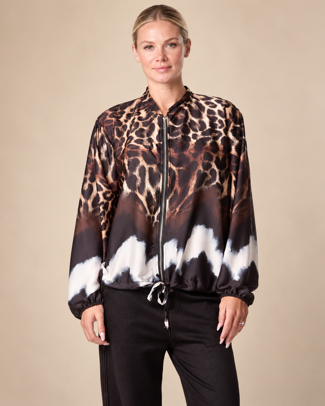 Zip Through Mixed Geo & Animal Print Satin Lightweight Jacket