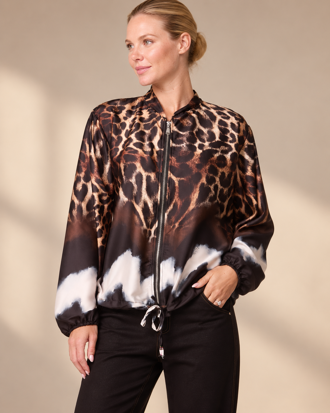 Zip Through Mixed Geo & Animal Print Satin Lightweight Jacket