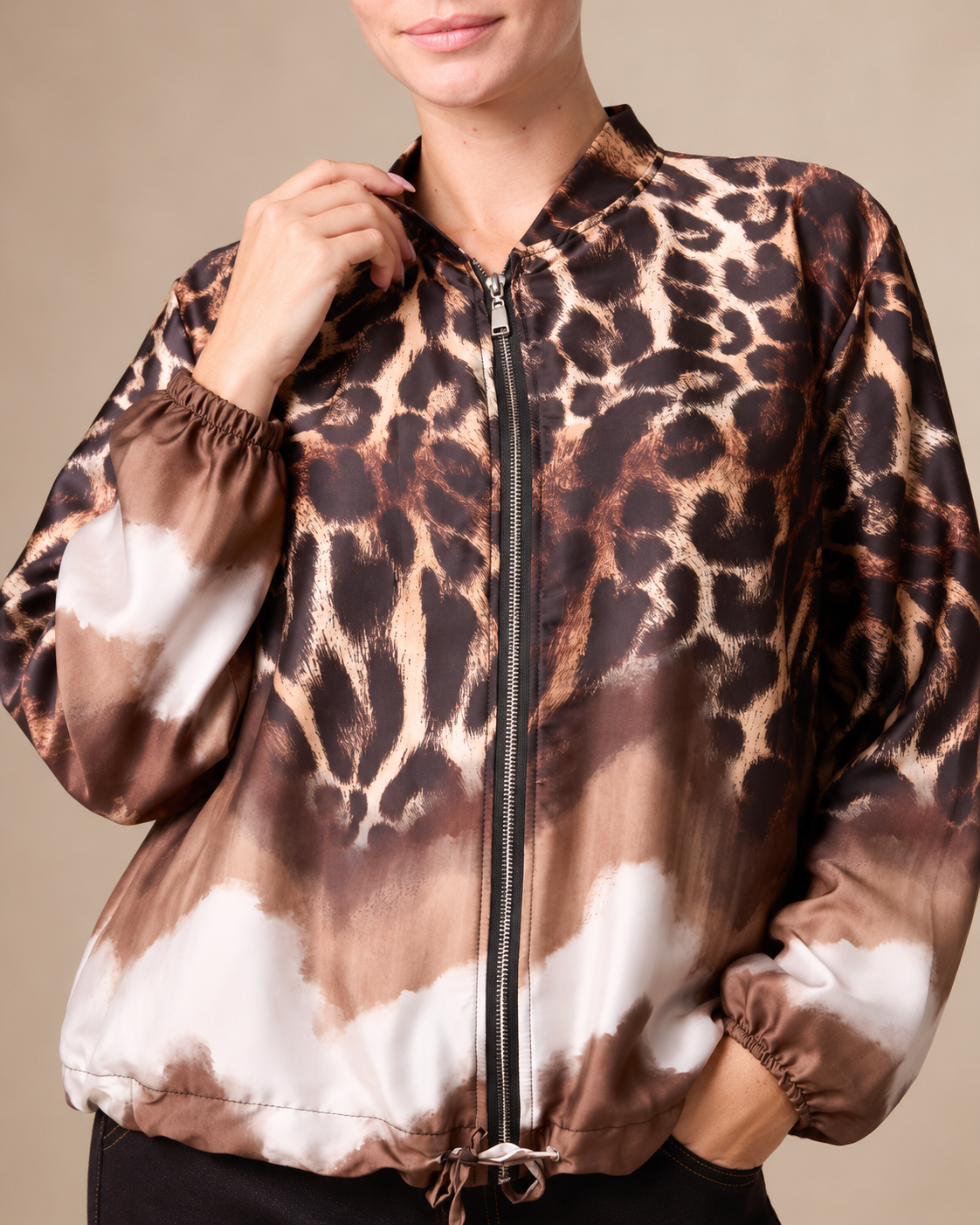 Zip Through Mixed Geo & Animal Print Satin Lightweight Jacket