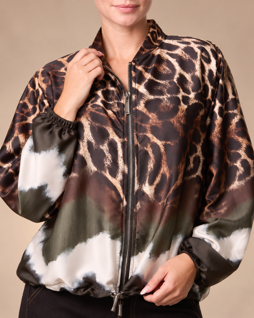 Zip Through Mixed Geo & Animal Print Satin Lightweight Jacket
