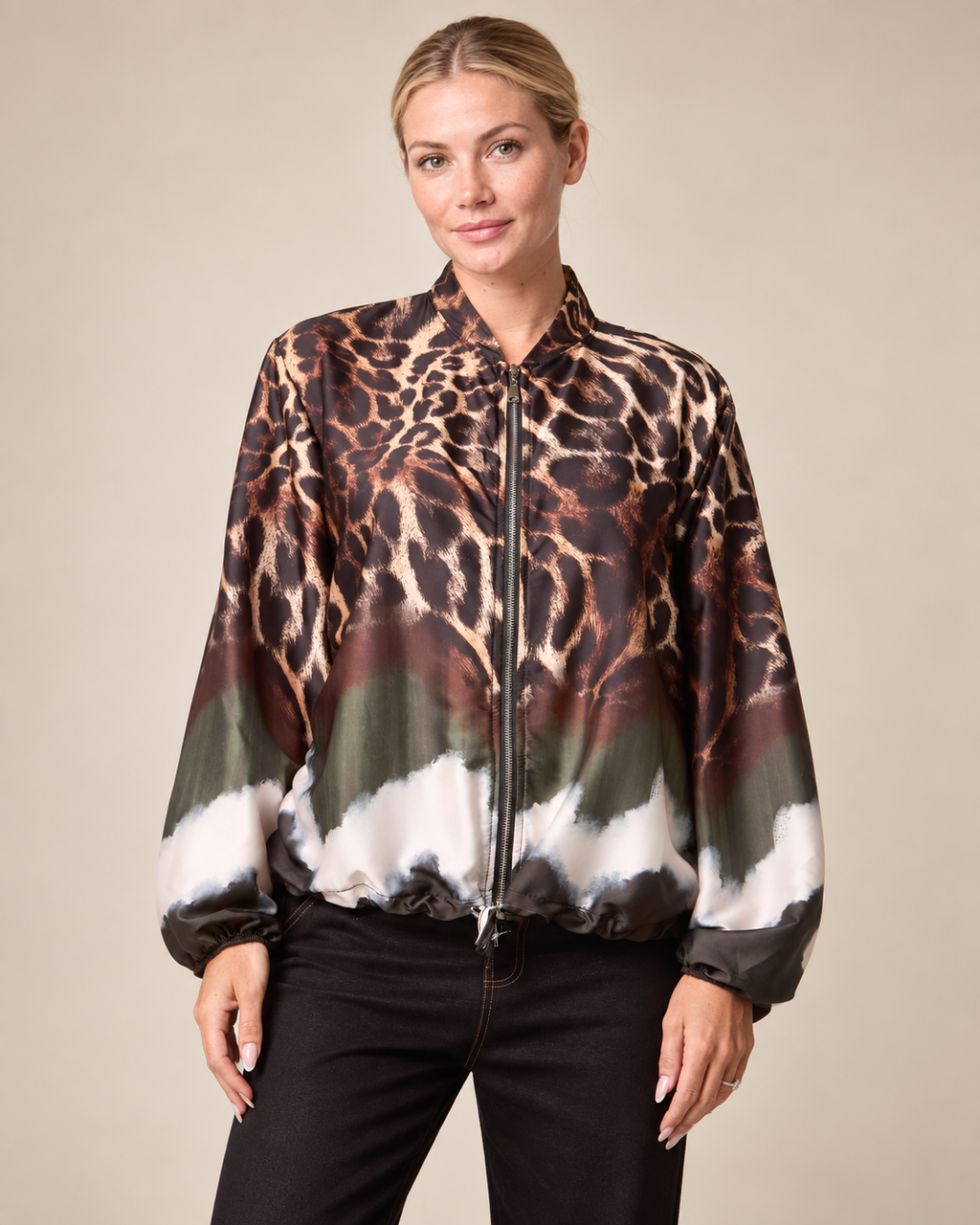 Zip Through Mixed Geo & Animal Print Satin Lightweight Jacket