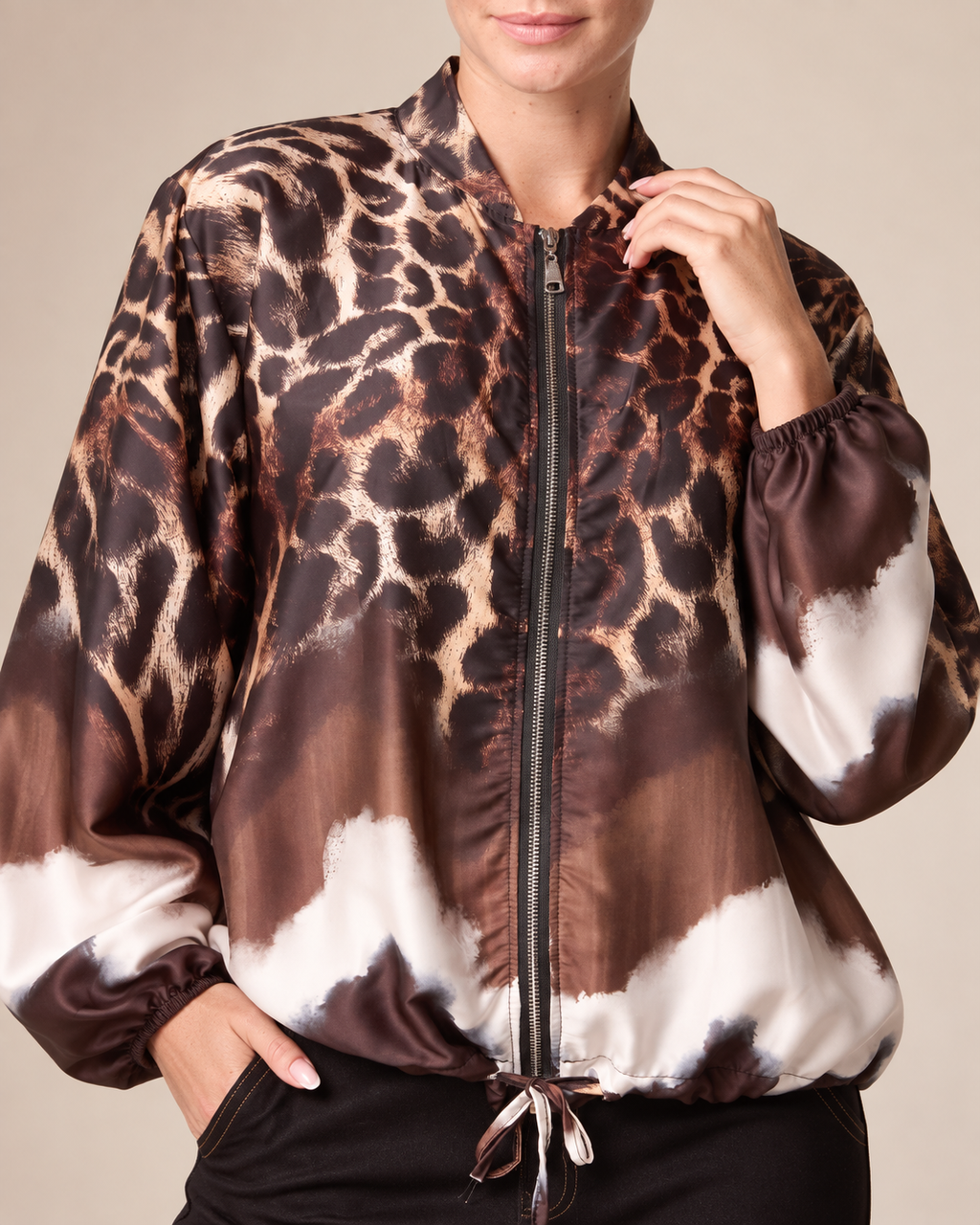 Zip Through Mixed Geo & Animal Print Satin Lightweight Jacket