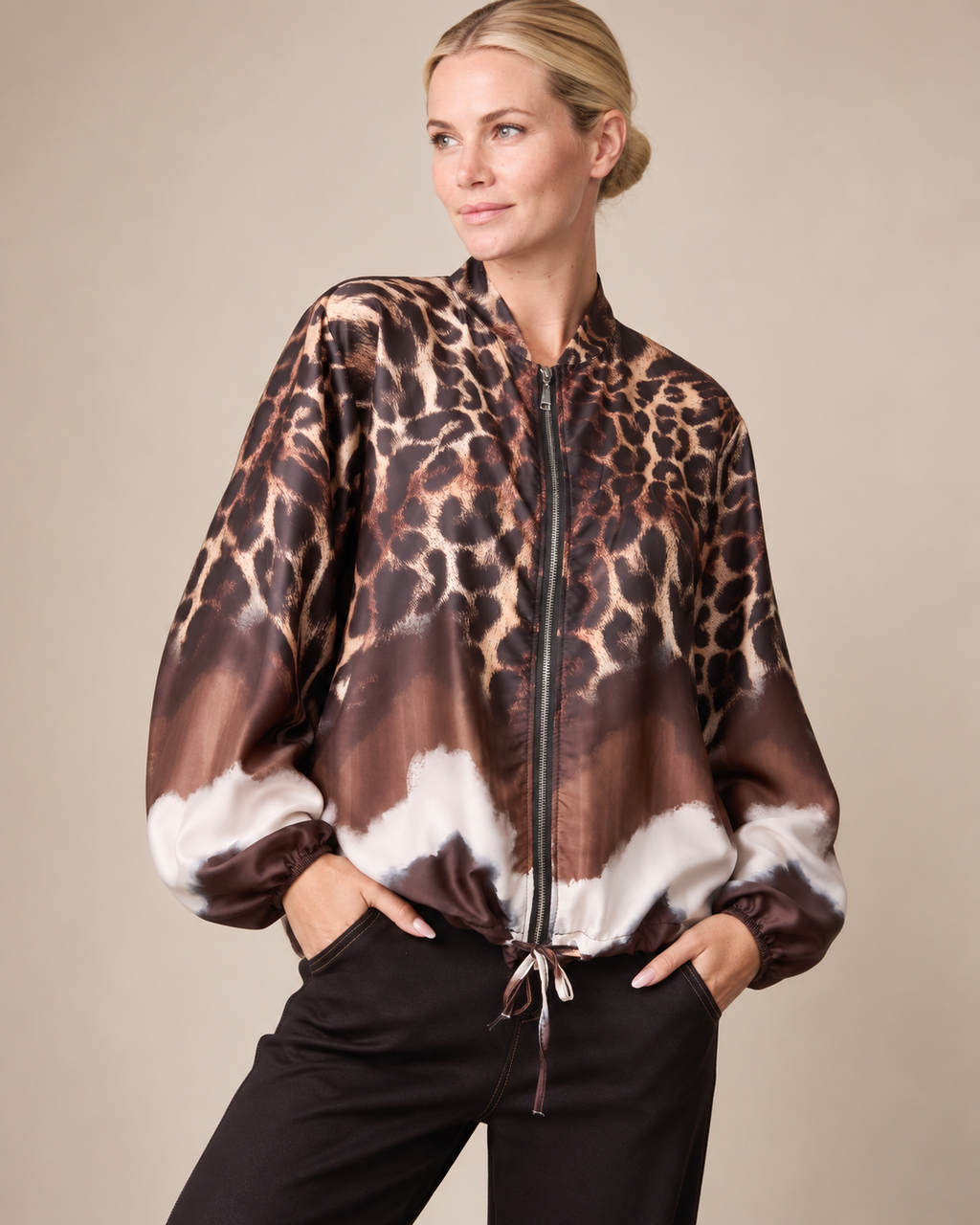 Zip Through Mixed Geo & Animal Print Satin Lightweight Jacket