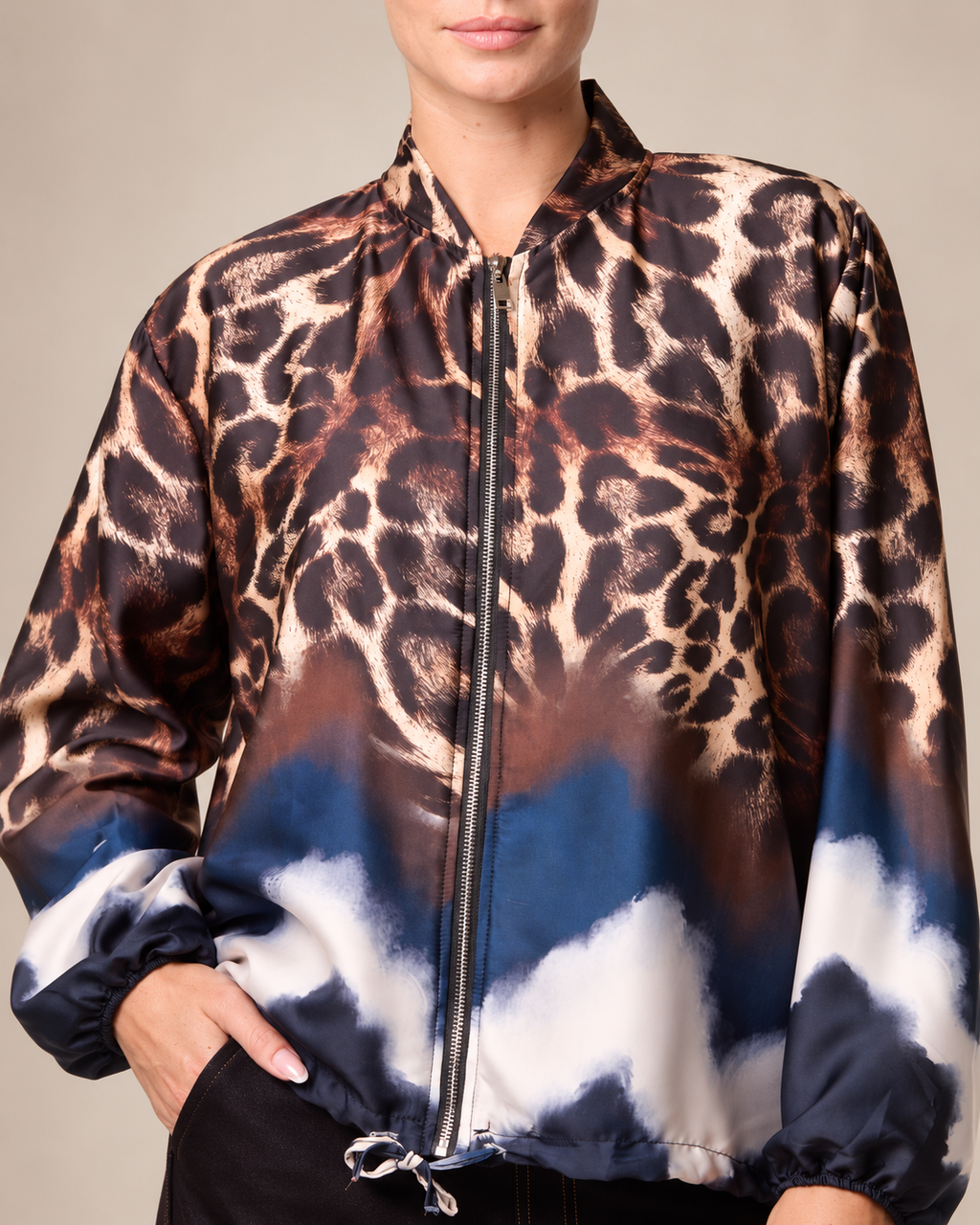 Zip Through Mixed Geo & Animal Print Satin Lightweight Jacket