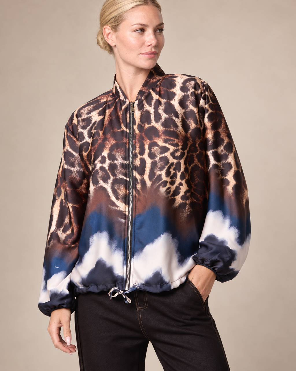 Zip Through Mixed Geo & Animal Print Satin Lightweight Jacket