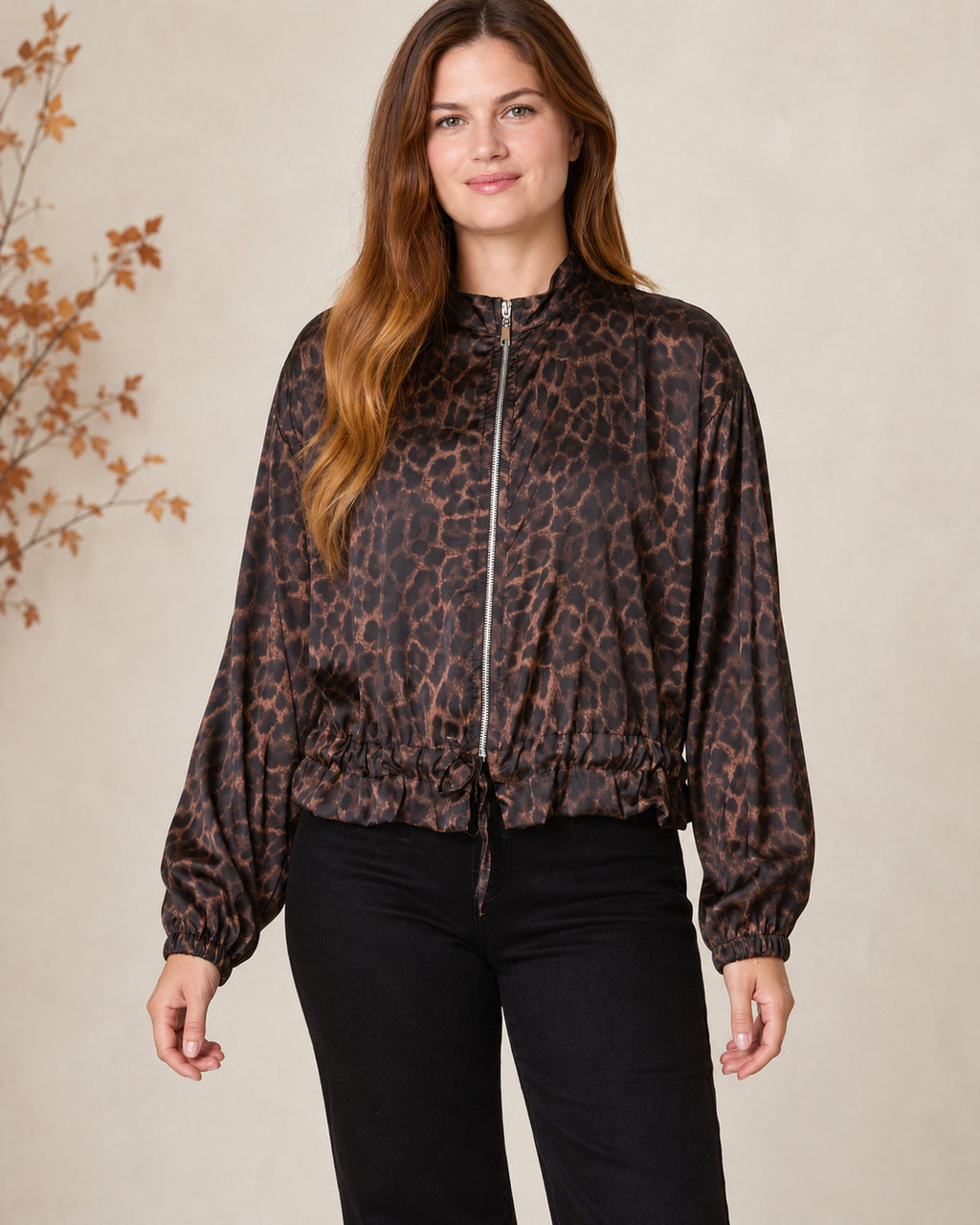 Satin Leopard Print Zip-Through Jacket