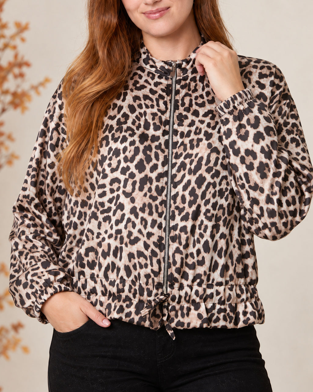 Satin Leopard Print Zip-Through Jacket