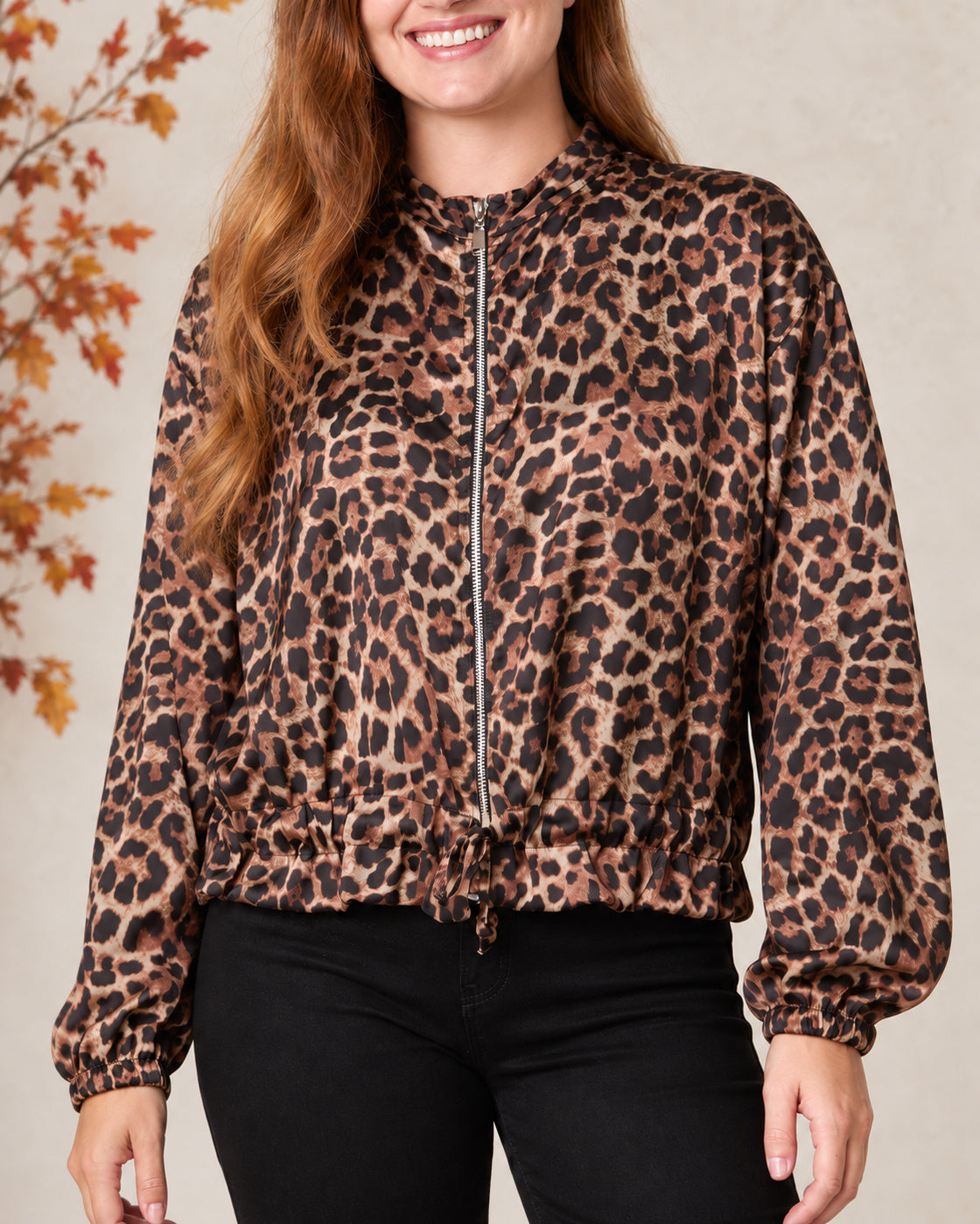 Satin Leopard Print Zip-Through Jacket
