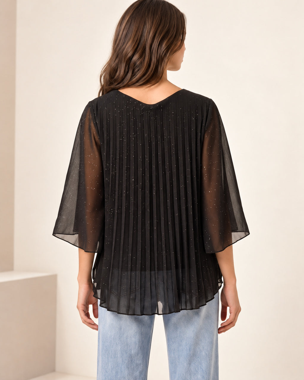 Metallic Glitter Pleated Blouse – Sparkly Evening Top