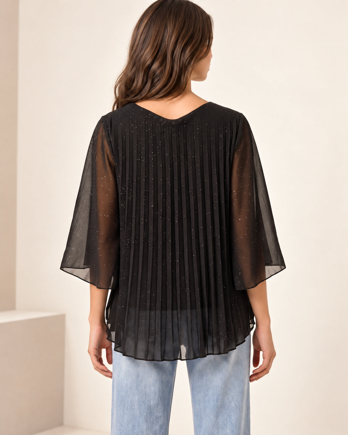Metallic Glitter Pleated Blouse – Sparkly Evening Top
