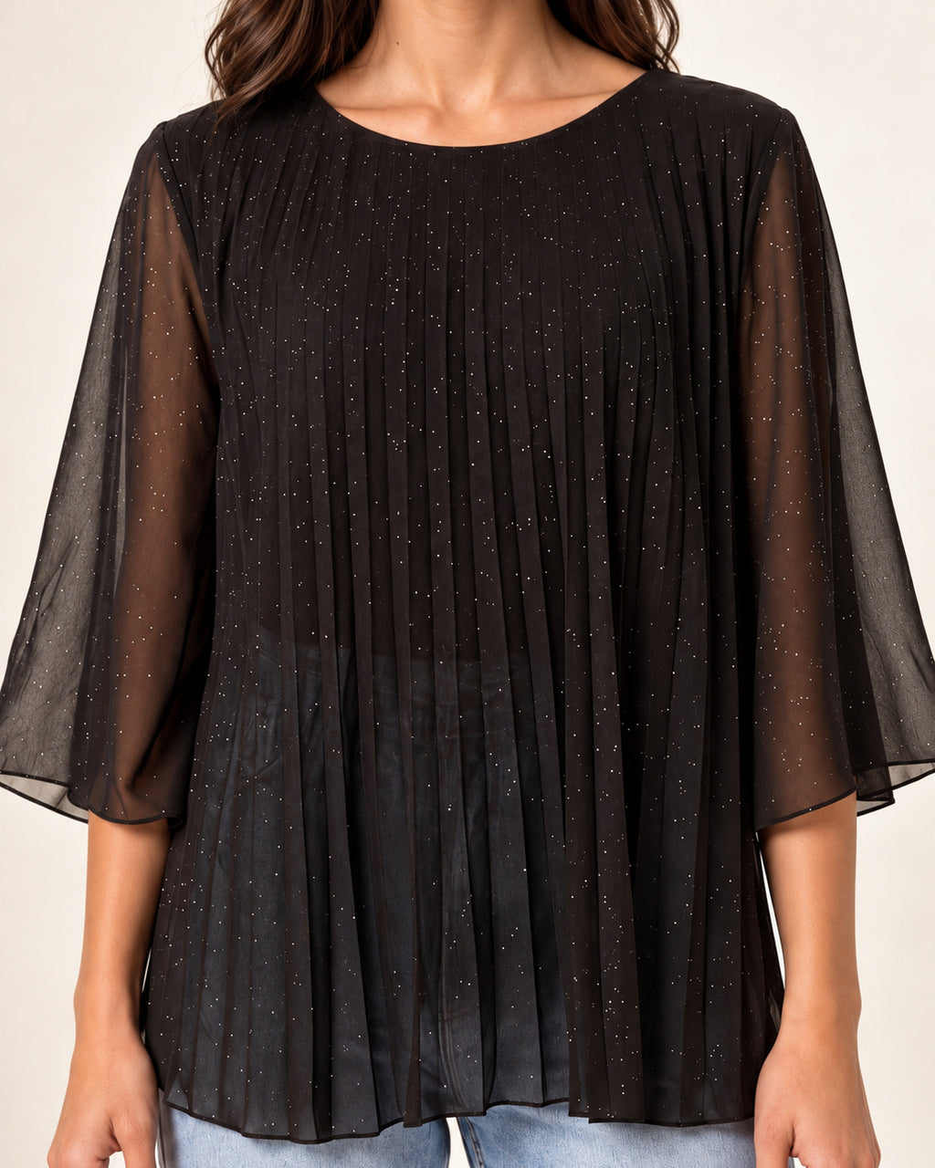Metallic Glitter Pleated Blouse – Sparkly Evening Top