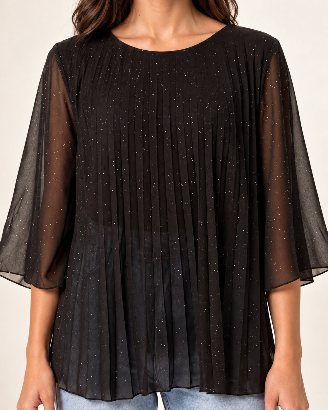 Metallic Glitter Pleated Blouse – Sparkly Evening Top